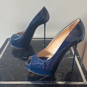 Gianmarco Lorenzi Blue Patent Peep-Toe Heels with Needle Heel 39 Fetish